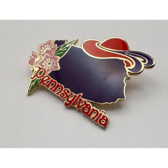 Red Hat Society Pennsylvania State Brooch Pin Purple Map Pink Flowers Gold Tone - Picture 4 of 7